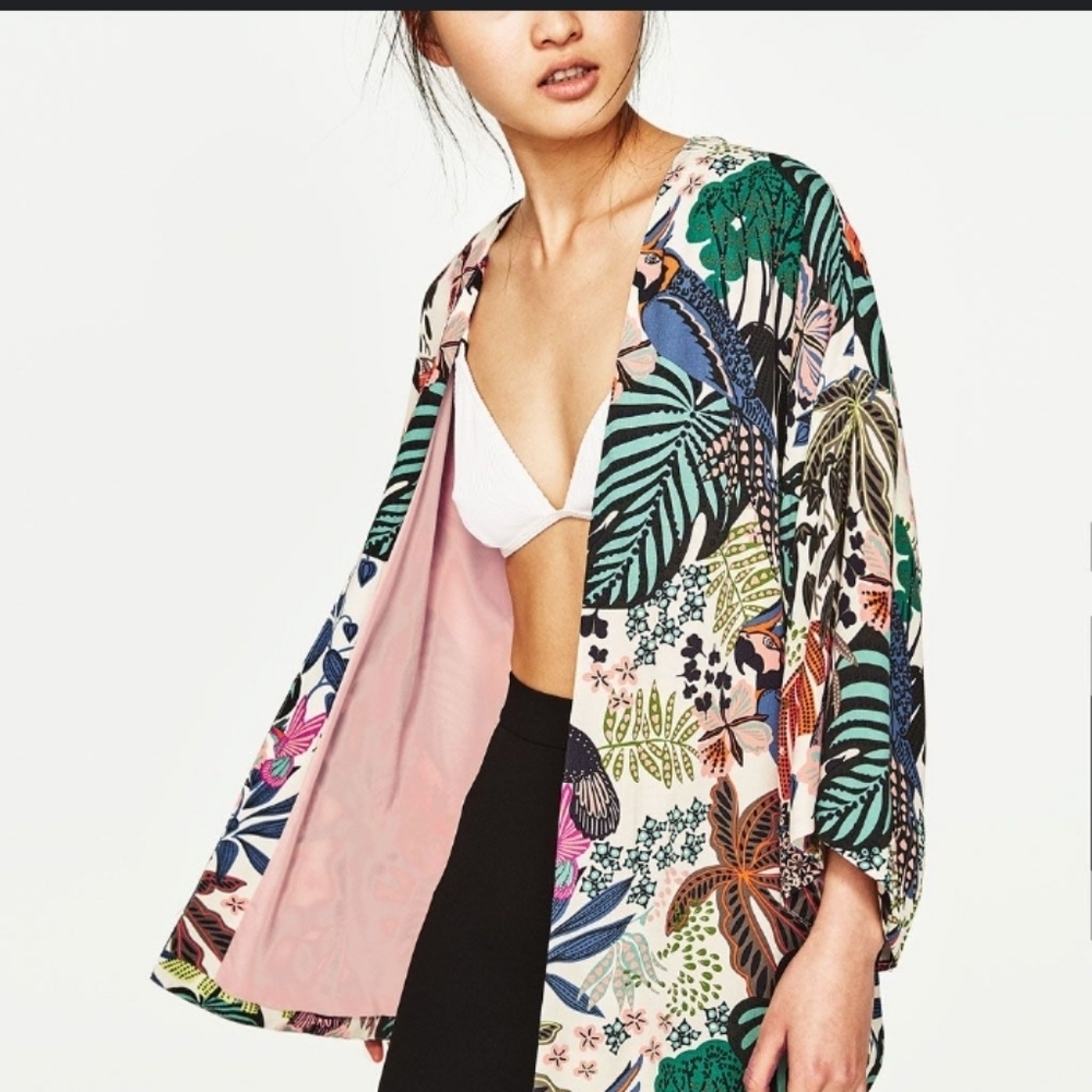 Zara Trf Outerwear Tropical Birds Leaves Short Dolman Sleeve Casual Boho Kimono
